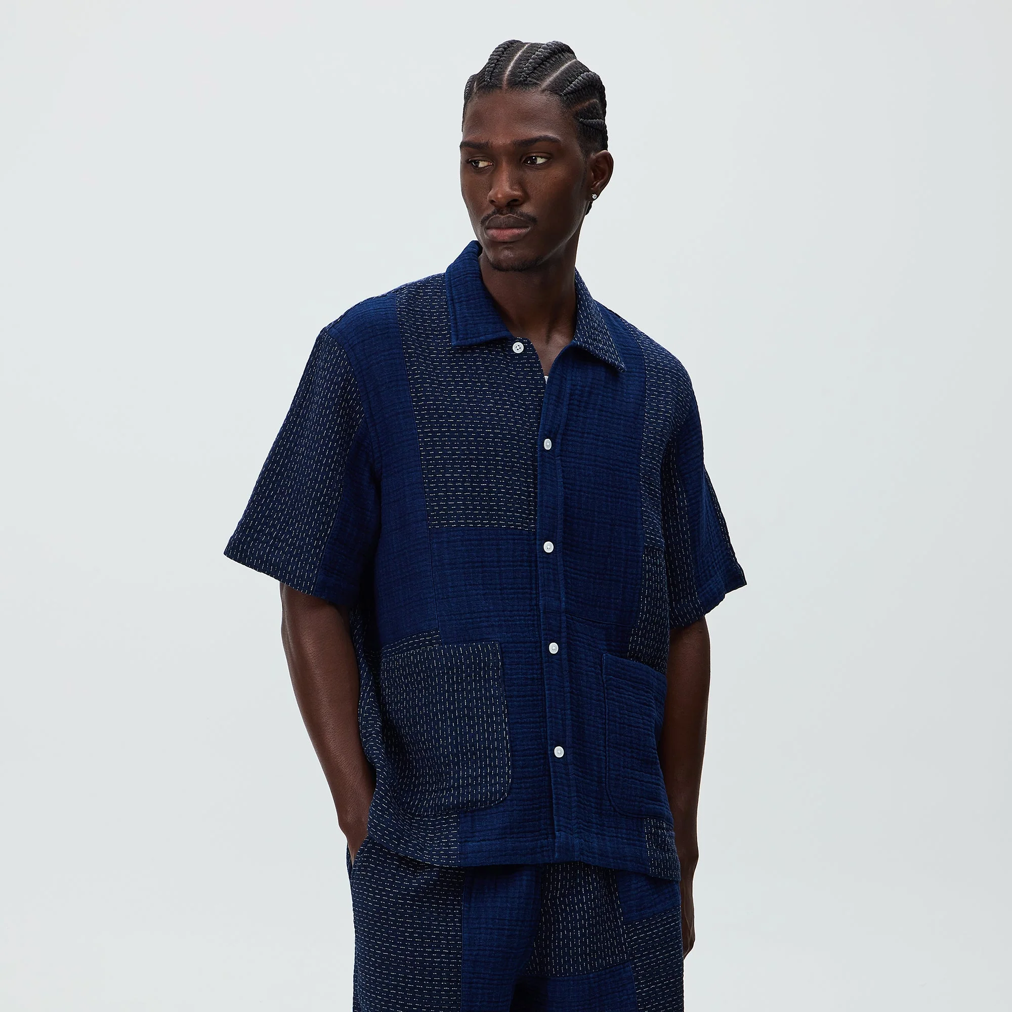 Kith Stitched Patchwork Boxy Collared Overshirt - Mid Indigo - Image 2