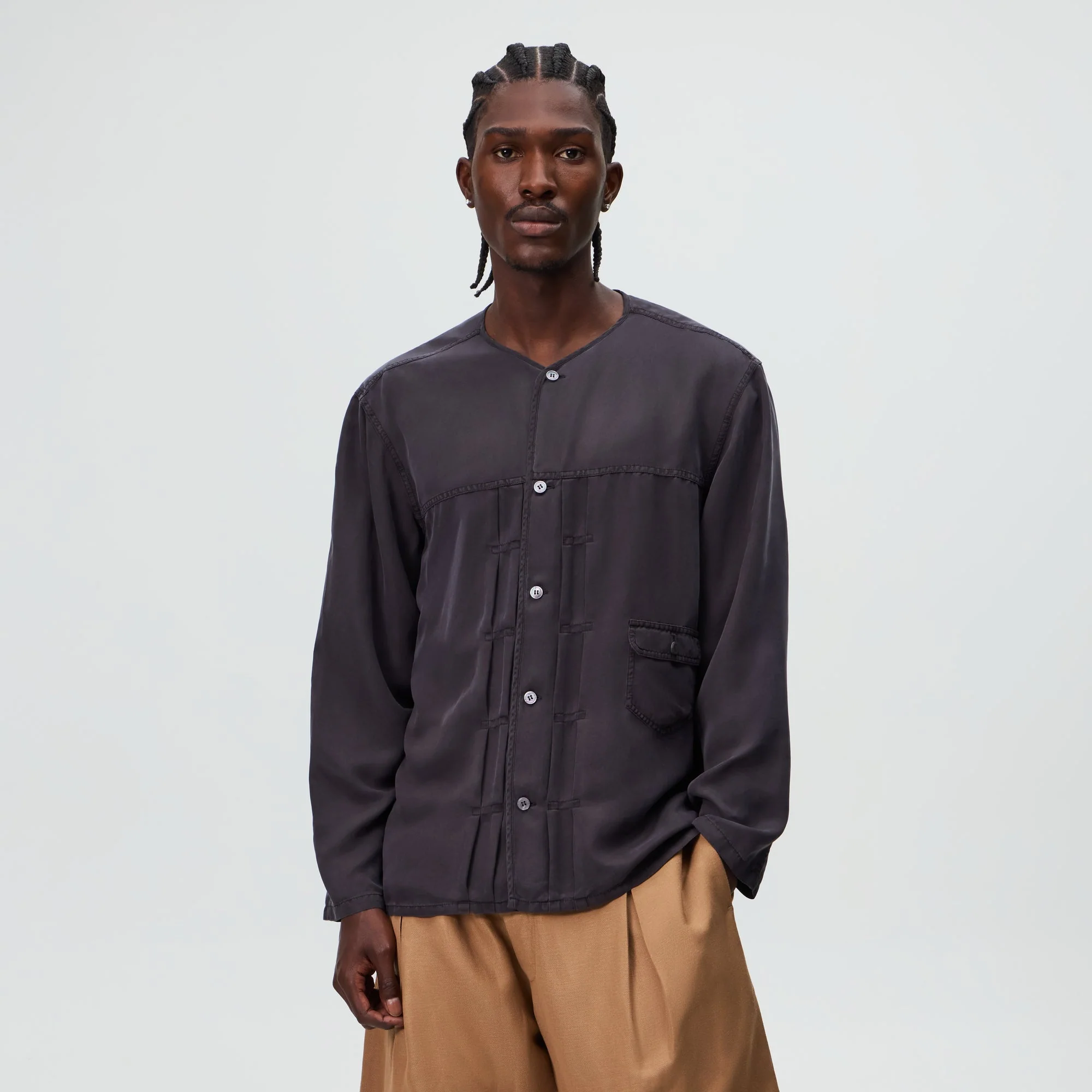 &Kin Garment Dyed Silk Collarless Yardley Shirt - Phantom Grey - Image 2