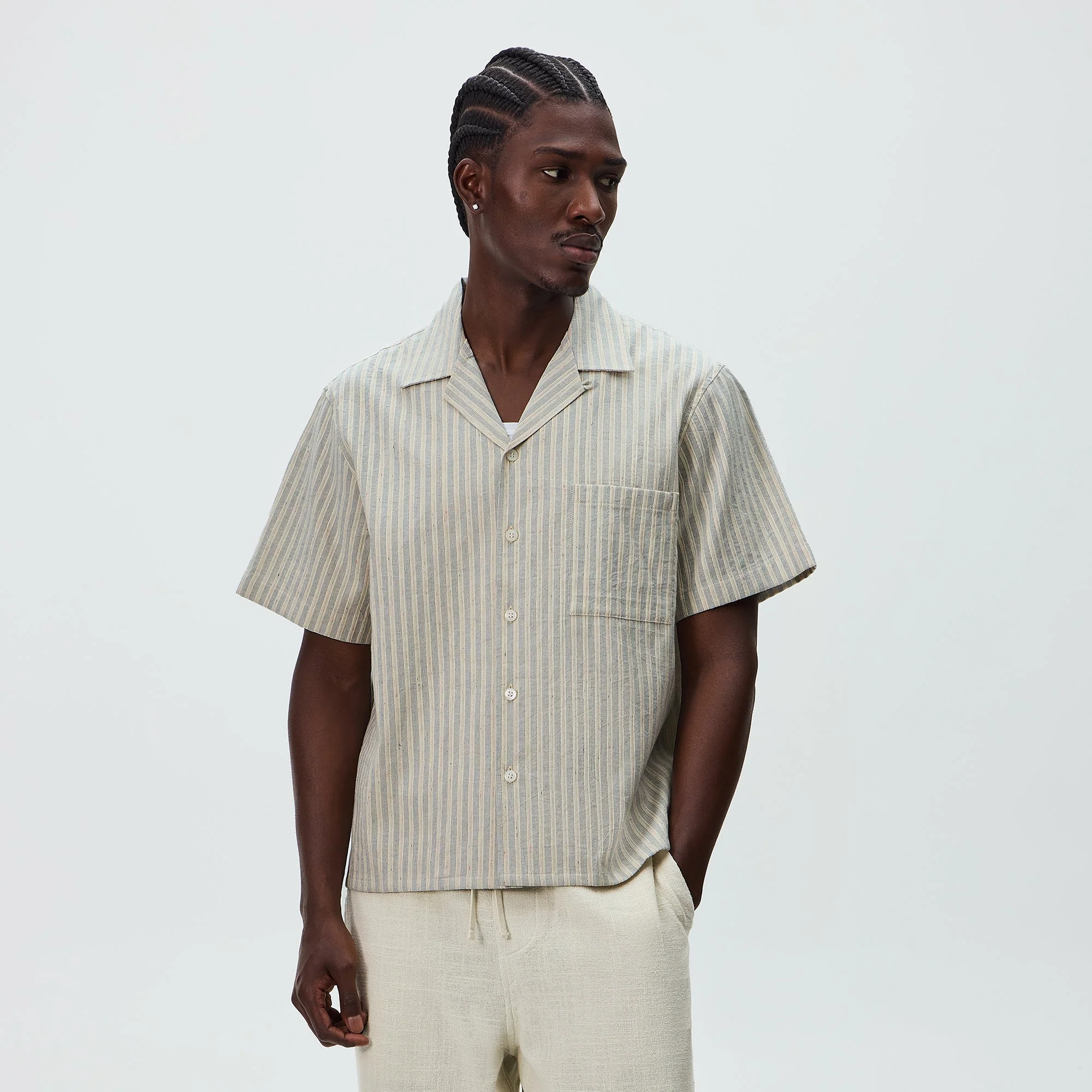 Kith Neon Slub Stripe Cropped Beckham Camp Collar Shirt - Sandrift - Image 2