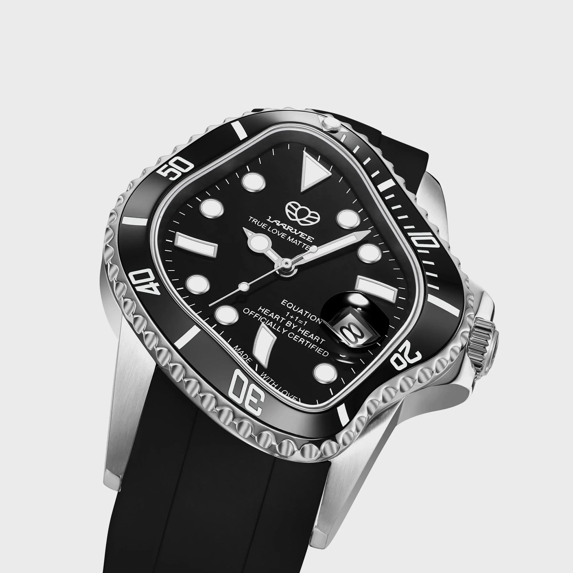 LAARVEE Silver Precision Steel - Black Ceramic Bezel / Black Dial / Black Rubber Belt - Image 2