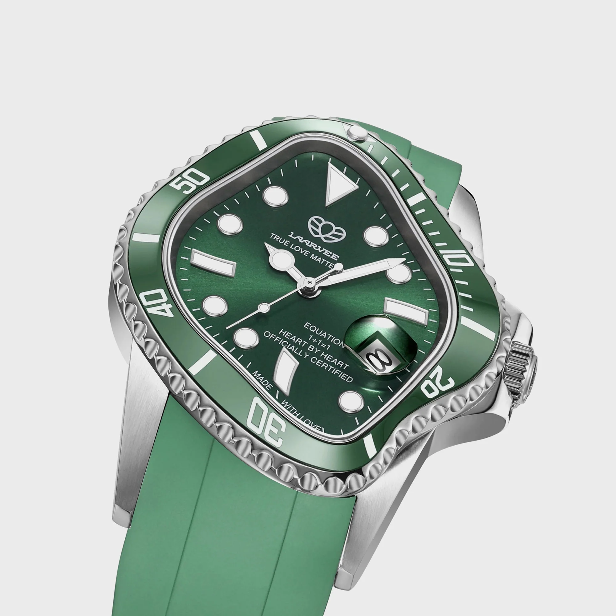 LAARVEE Silver Precision Steel - Green Ceramic Bezel / Green Dial / Green Rubber Belt - Image 2