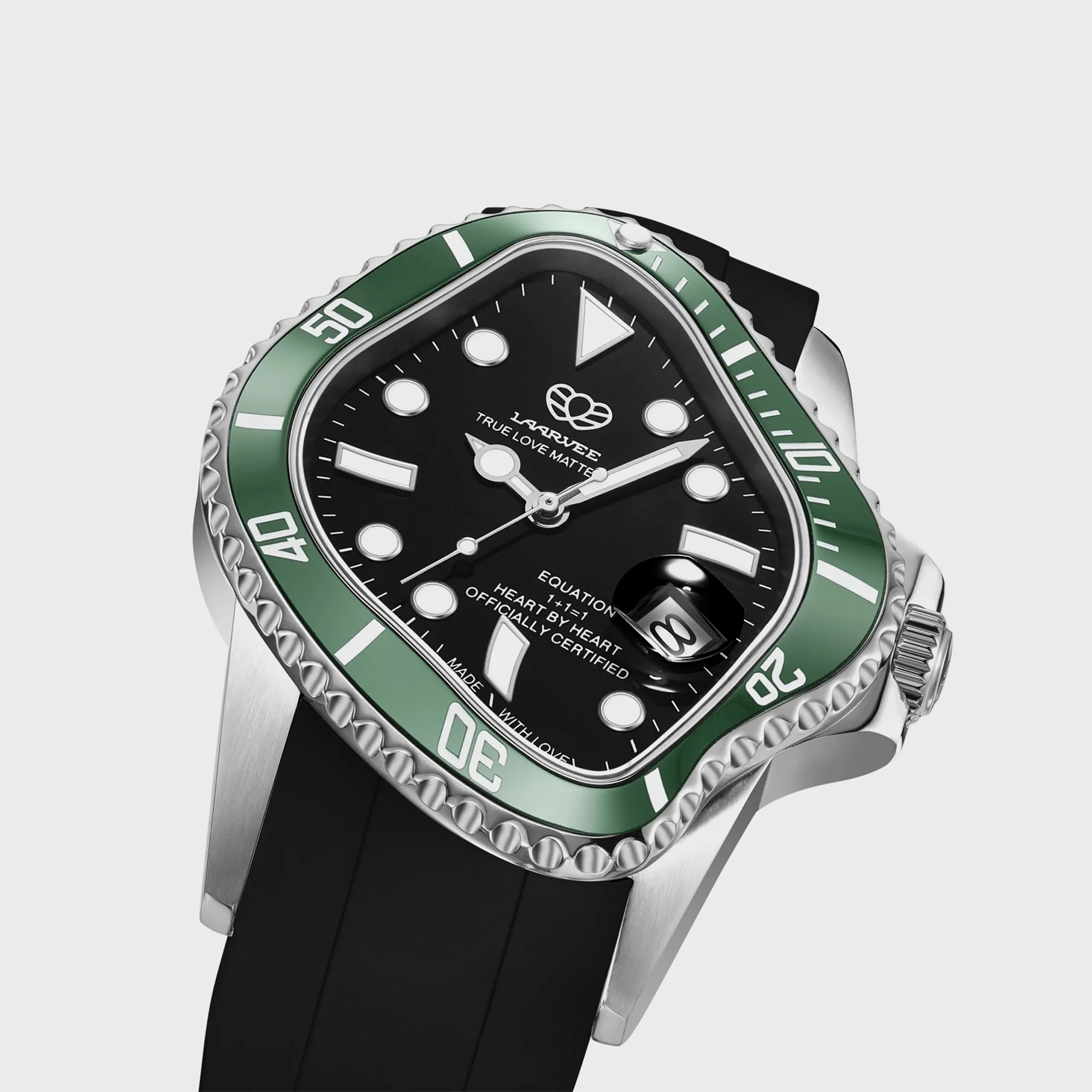 LAARVEE Silver Precision Steel - Green Ceramic Bezel / Black Dial / Black Rubber Belt - Image 2