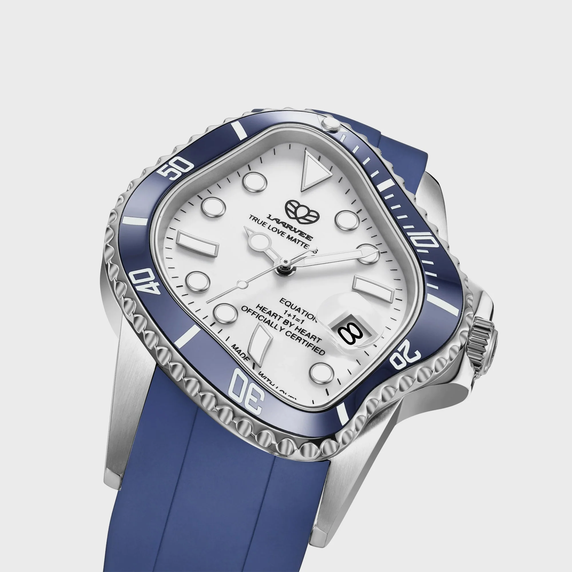 LAARVEE Silver Precision Steel - Navy Blue Ceramic Bezel / White Dial / Navy Blue Rubber Belt - Image 2