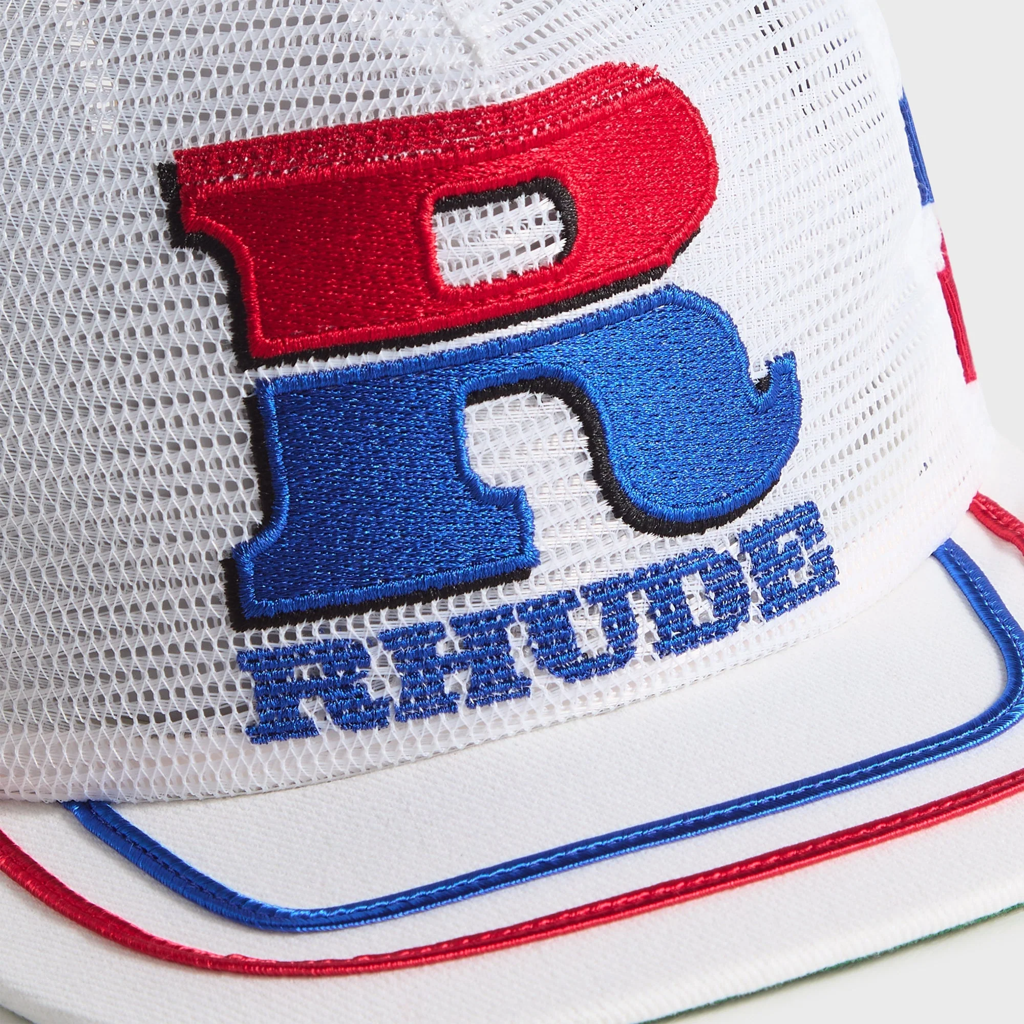 Rhude Split Petrol Logo Mesh Trucker Cap - White / Red / Blue - Image 3